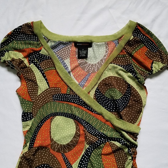 BCBGMaxAzria Brown Green Orange Wrap V-Neck Shirt - Picture 2 of 6